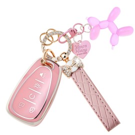 for Chevy Key Fob Cover with Butterfly Keychain & Pink Bubble Dog Charm, Waterproof Case for 2016-2021 Equinox, Malibu, Camaro, Cruze, Blazer, Traverse, Trax, 5-Button, Women's Stylish