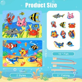 Vicloon Wooden Fish Game, 10pcs Magnetic Fishing Game, 2 Set Mini Magnetic Fishing Puzzles with Fish Rod Montessori Toys Sea Creatures Kids Fishing Game Educational Toys for 3 years old Toy