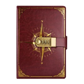 NectaRoy Vintage Travel Journal, A5 Lockable Diary(Compass Pattern), Notebook with Lock/Pen Holder/Card Slots, Office School Supplies Student Stationery, Size 8.6"x5.9"