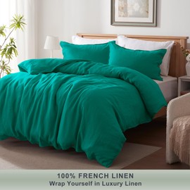 TOSMO 100% Linen Queen Duvet Cover Set, Luxury French Flax Natural Linen Duvet Cover with Button Closure & Corner Ties, Cooling Breathable Comforter Cover 3 Piece (Teal)