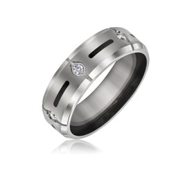 Bling Jewelry Black Inlay AAA CZ Cubic Zirconia Accent Silver Tone Mens Titanium Wide Wedding Band Ring for Men 8MM