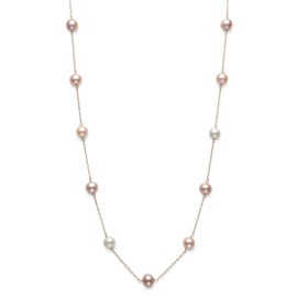 10k Yellow Gold Multicolored Pink Cultured Freshwater Pearl Chain Station Tin Cup Necklace, 18"