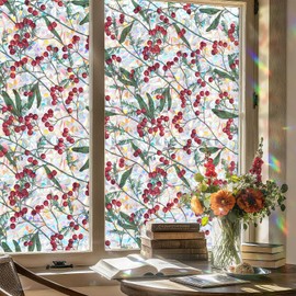 ADD.HERES Window Privacy Film, Stained Glass Decorative Static Cling, Removable Laser Sun Blocking Vinyl Covering,Window Film for Home Kitchen Living Room, Winter Berries, 17.3" x 78.7 "