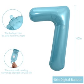 TONIFUL 40 Inch Light Blue Large Numbers Balloons 0-9, Number 7 Digital 7 Helium Balloons, Blue Foil Mylar Big Number Pastel Balloons for Birthday Party Anniversary Supplies Decorations