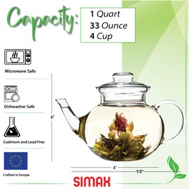 Simax Glassware 33 Ounce Glass Teapot | With Spout, Microwave and Stovetop Safe, Heat, Cold, and Thermal Shock Resistant Borosilicate Glass, Makes a Stunning Presentation…
