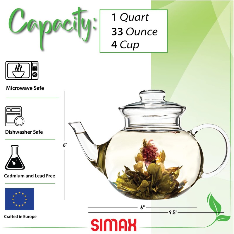 Simax Glassware 33 Ounce Glass Teapot | With Spout, Microwave