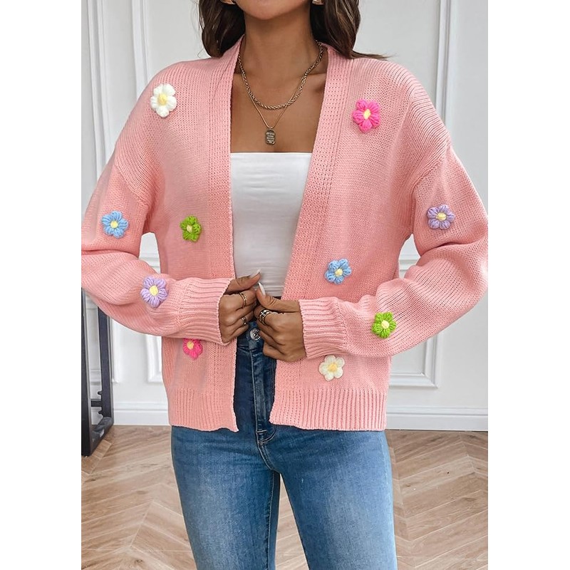 utcoco Women's Cropped Cardigan Sweaters Boho Crochet Floral Embroidery Oversized