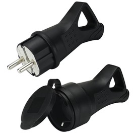 Schuko Plug + Schuko Coupling, Plug 230 V, Waterproof Power Plug, Protective Contact Plug, Outdoor, IP44, Shatterproof, Black, Pack of 2