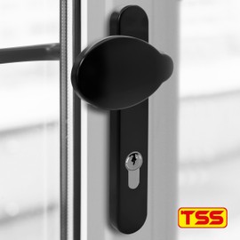 TSS Black UPVC Door Handle Pair Set, Sprung, 92mm PZ (Centres), Lever Moveable Pad, 122mm Screw to Screw (Screw centres), Backplate 212mm x 34mm - Replacement PVC Door Handle in Black