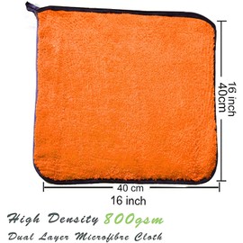 Towelogy® Microfibre Car Cleaning Cloths 800gsm High Density CHEMICAL FREE Washing Drying Buffing Double Side Super Absorbent Auto Detailing Large Towels 40x40cm (Pack Of 2, Orange/Grey)