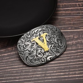 MASOP VOGU Western Cowboy Belt Buckle Initial Letters ABCDEFG to Z Belt Buckle Vintage Flower Belt Buckles for Men Women
