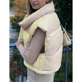 HangNiFang Women's Winter Cropped Beige Puffer Vest Lightweight Sleeveless Warm Outerwear Puffer Vest Padded Gilet(0650-02Beige-M)