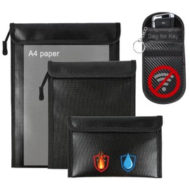 4 Pack Waterproof Fireproof Money Document Bags with a Faraday bag for car keys Fob Protector, Resistant Storage Organizer Pouch for Cash Documents, Secure Protection for Valuables