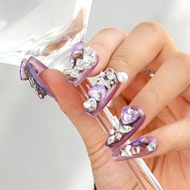 Sethexy Luxury Purple Rhinestone Handmade Fake Nail 3D Crystal Long Coffin Press on Nails Butterfly Bow False Nail Salon Durable Quality Nails for Women and Girls(A)