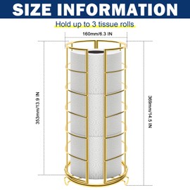 NearMoon Toilet Paper Organizer Stand, Free Standing 3 Rolls Tissue Storage, Metal Bathroom Accessory, Rustproof Toilet Roll Holder for Kitchen Countertop Inside Cabinet Shelf(Metal Base, Gold)