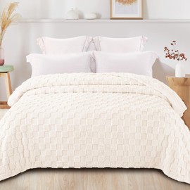 Exclusivo Mezcla King Size Flannel Fleece Blanket, Super Soft 3D Checkered Jacquard Bed Blanket, Cozy Fluffy Lightweight Blanket for All Seasons, 90x104 Inches, Ivory Blanket