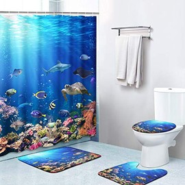 Britimes 4 Piece Shower Curtain Sets, with 12 Hooks, Nature Ocean Sea Turtle and Fish with Non-Slip Rugs, Toilet Lid Cover and Bath Mat, Durable and Waterproof, for Bathroom Decor Set, 72" x 72"