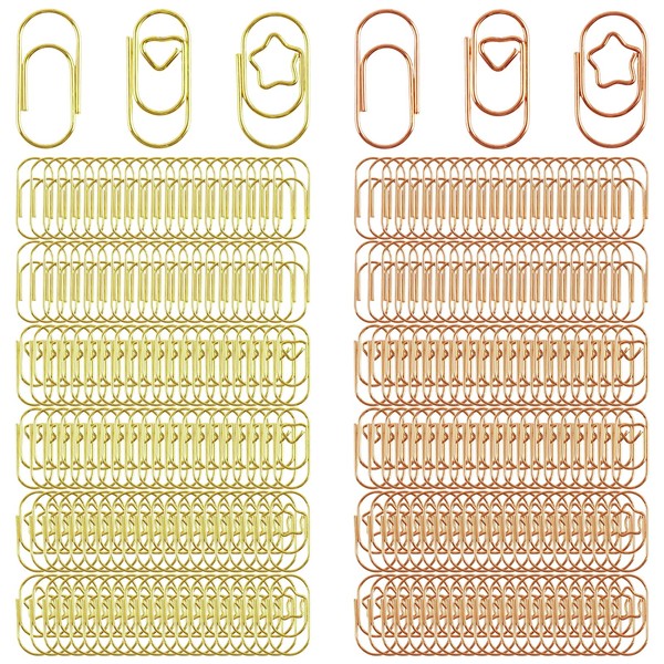 Pack of 300 Colourful Paper Clips, Metal Heart Shape, Star