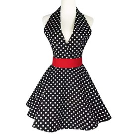 Floosum Black Sexy Aprons Retro Aprons Flirty Marilyn V-Neck Polka Dot Cooking kitchen Aprons Skirt Dress