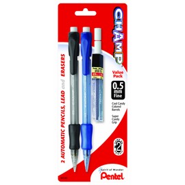 Pentel Champ Automatic Pencil with Lead and 2 Erasers, 0.5mm, Assorted Barrels, 2 Pack (AL15LEBP2)