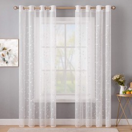 MIULEE Decorative Sheer Curtains with Embroidered Leaf Pattern for Living Room Elegant Grommet Embroidery Window Voile Bedroom Drape 2 Panels 54 x 96 Inches White