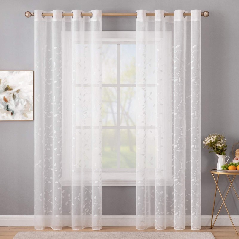 MIULEE Decorative Sheer Curtains with Embroidered Leaf Pattern for Living