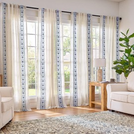 jinchan Weslie Boho Curtains for Bedroom Blue Vintage Floral Farmhouse Curtains 84 Inches Long Linen Drapes for Living Room Embroidered Light Filtering Drapes Rod Pocket Blue on Beige 2 Panels