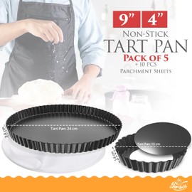 YUMTART Bundle Pack 9" and 4" Mini Tart and Quiche Pan Combo, False Bottom Pie Pan, Deep Fluted Tart and Quiche Pan with Removable Bottom - Non-Stick Tart Pan with 10 Parchment Sheets