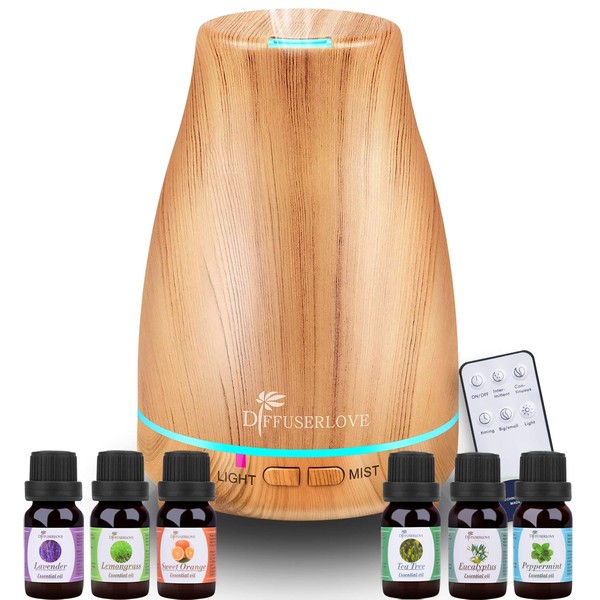 Diffuserlove Essential Oil Diffuser 200ML Ultrasonic Wood Grain Aroma Diffuser Mist Humidifiers with 7 Color LED Lights, Auto Shut-off Function for Bedroom Office Room House
