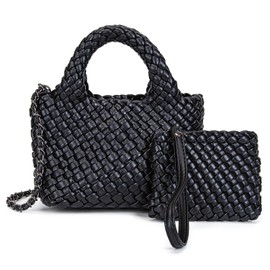 Mini Women's Handmade Woven Tote with Small Wallet Small Size Fashion Bright Color Vegan Leather Casual Tramp Crossbody Bag (4# Black)