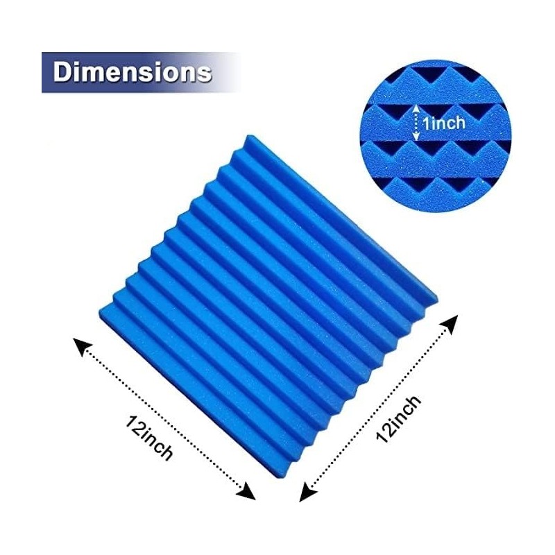 52 Pack Acoustic Foam Panels,1" x 12" x 12" Black/BLUE