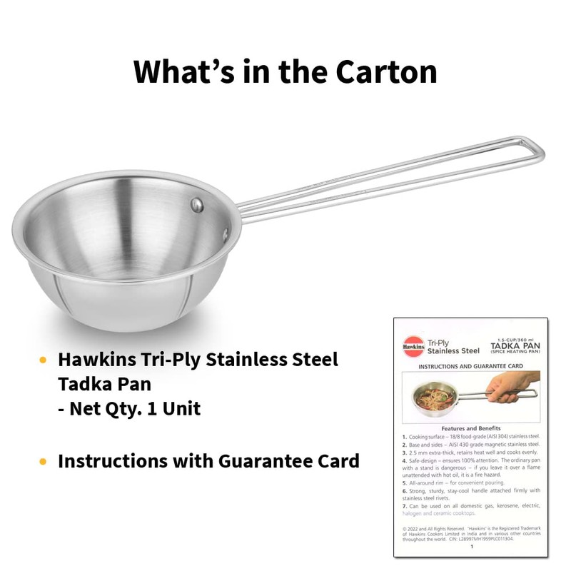 Hawkins 1.5 Cup Tadka Pan, 360 ml Triply Stainless Steel