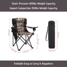 MaiuFun Oversized Camping Chair Folding Heavy Duty Quad Outdoor Large Lawn Chairs Portable Support 400 lbs Padded Thicken Oxford with Armrests, Storage Bag, Cup Holder, Carry Bag for Outside(Camo)