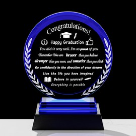 Crystal Graduation Gifts for Women Men, Class of 2025 Glass Graduation Keepsake with Light Base for Her Him, Inspirational Graduation Gifts for College High School PHD Masters Degree