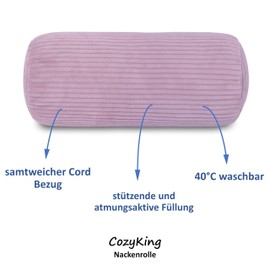 Neck Roll Corduroy Pink Neck Pillow Oeko-Tex 100 Certified and Washable at 40°C - Neck Support Pillow with Cover Round for Car, Plane, Travel or for Reading and Relaxing at Home - 15 x 40 cm