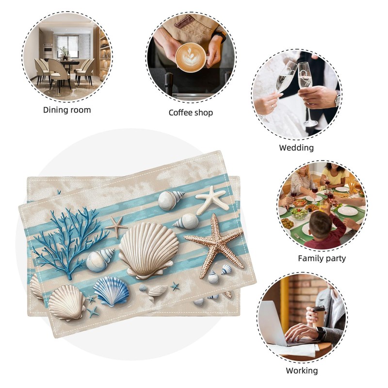 Summer Sea Shell Placemats Set of 6, Coastal Starfish Place
