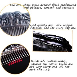 Sitronugras Handmade Sandalwood Hair Comb,Anti Static Natural Hair Detangler for Men Women Kids, No Snag Wooden Hair Comb Without Handle (Fine Teeth flower hand drawing with free pouch)
