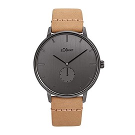 s.Oliver 2033498 Men's Quartz Watch Analogue with Leather Strap, Grey, 5 Bar Waterproof, Comes in Watch Gift Box, gray, IP grey - fine brushed