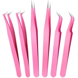 6 Pcs Lash Tweezers Eyelash Extension Tweezers, Stainless Steel Straight Tip Tweezers Curved Tip Tweezers Individual Volume Eyelash Tweezers Isolation Tweezers False Lash Application Tools (Pink)
