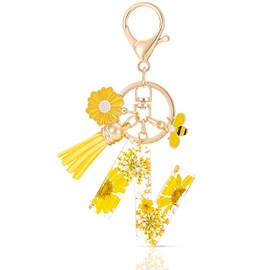 MWOOT Letter Keychain Initial Keyring Letter, Alphabet Resin Flower Key Chain with Daisy Bee Tassel Pendant Handbag Purse Charm, Yellow Petal Keyring for Women, Yellow-n