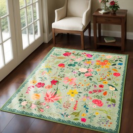 CRYPTOLITE Area Rug 4x6, Washable Floral Rugs for Living Room, 0.27″ Non Slip Low Pile Carpet for Office, Bedroom, Kids Room, Bedside (Green)
