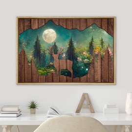 SIGNWIN Framed Canvas Print Wall Art Wood Panel Deer Moonlight Forest LAndscape Nature Wilderness Digital Art Modern Art Farmhouse/Country Decorative for Living Room, Bedroom, Office - 24"x36" NATURAL