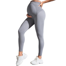 QSHOW Women’s Maternity Yoga Leggings Over The Belly,Buttery Soft Pregnancy Leggings for Women Seamless Stretch Yoga Pants Butt Lifting Sweatpants Grey