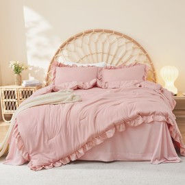 Litanika Twin Size Comforter Sets, 2 Pieces Blush Pink Ruffle Girls Women Cute Bedding Comforters & Sets, Lightweight Fluffy Microfiber as Gift (66x90In Comforter & 1 Pillowcase)