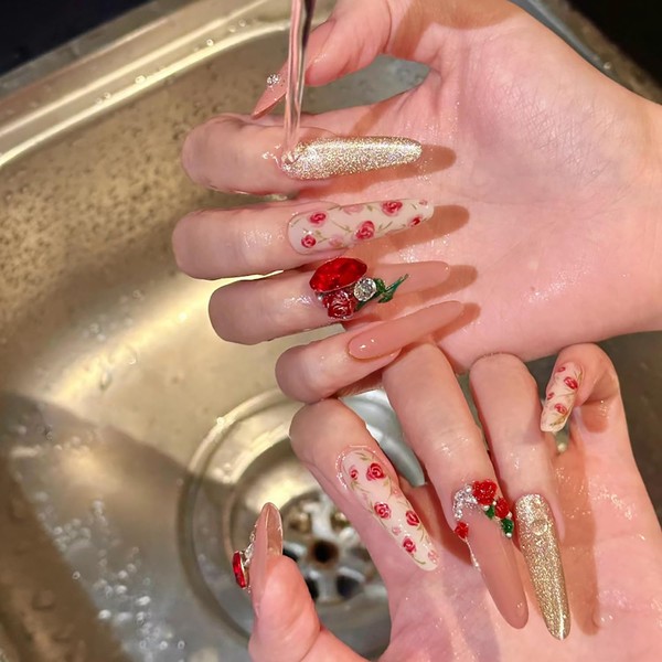 Flower Press on Nails Extra Long Red Floral Rhinestones Design