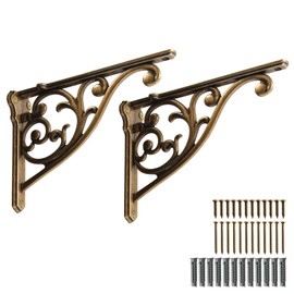 Khtumeware Shelf Bracket 10 Inch, Decorative Brackets for Shelving, Heavy Duty Vintage Ornate Shelf Bracket , Hardware Included, 2 Pack,Antique Brass, 9.84x7x1.73 inch
