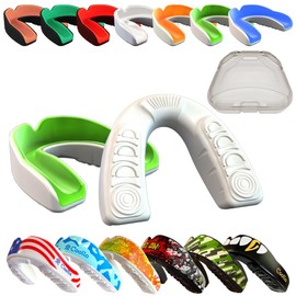 COOLLO SPORTS Protector bucal para hervir y morder, para jóvenes y adultos, boquilla deportiva de ajuste personalizado para fútbol, hockey, rugby, lacrosse, boxeo, artes marciales mixtas (funda incluida) (Emerald Verde y Blanco, Edades 10 y menos)