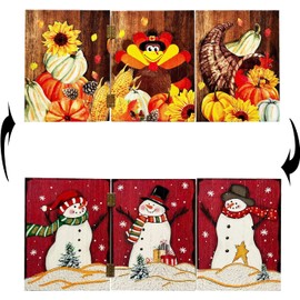 YUMBOR Fall Winter Wood Reversible Pumpkin Snowman Folding Screen Antique Table Top Mantle Centerpieces Winter Christmas Indoor Outdoor Decorations