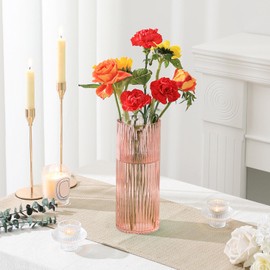 YANWE1 Pink Glass Vase for Flowers Ribbed Glass Vase, Pink Flower Vase, Tall Cylinder Glass Vases for Centerpieces, Living Room, Bedroom, Dining Table, Office, Wedding, Bookshelf Decoration,10 Inches