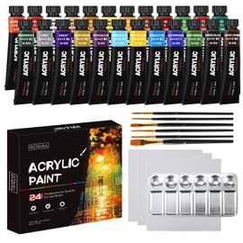 24 Vibrant Colours Acrylic Paint Set 12 ml x24 Tubes for Artist, with 6 Paint Brushes, Stainless Steel Palette, 3 Blank Canvas, for Most Surfaces, Wood, Ceramic, Fabric, Crafts GC-AP24 (24)